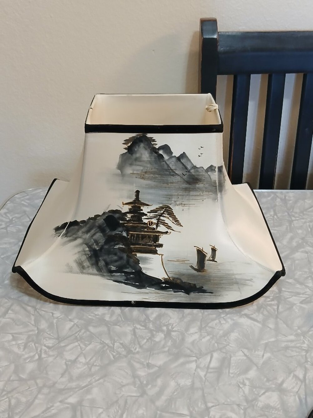 Vintage Hand Painted Silk Pagoda Style Lampshade-For Repair